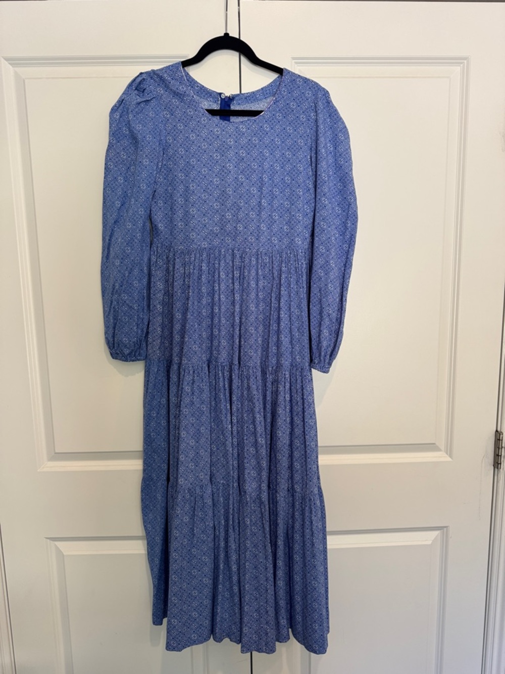 Blue Midi Dress with Long Sleeves - Women's Floral Tiered Midi